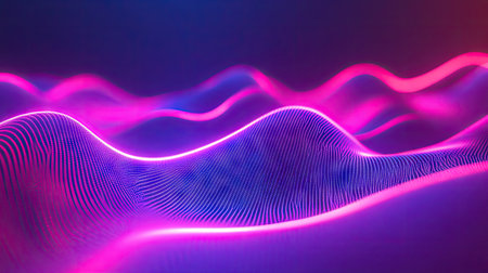 3D abstract shape emitting ultraviolet light with curvy neon lines on a bright background.の素材