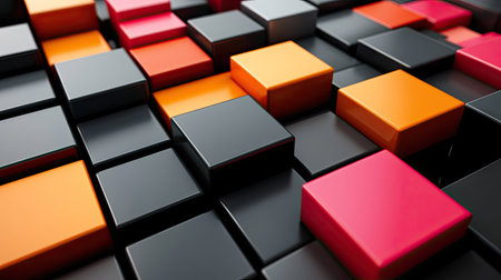 3D geometric blocks arranged in an abstract pattern on a black background.の素材