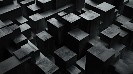 Abstract arrangement of 3D geometric blocks on a dark background. Futuristic concept.の素材