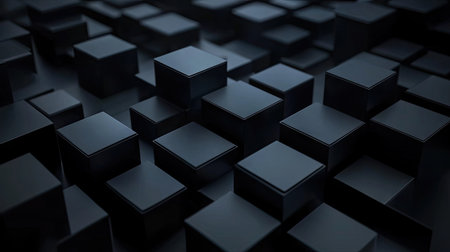 Abstract arrangement of geometric blocks in 3D render on a dark background.の素材