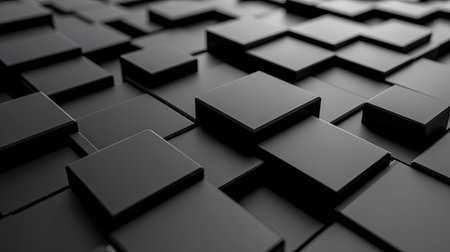 Abstract geometric blocks arranged on a black background, 3D render. Futuristic design concept.の素材