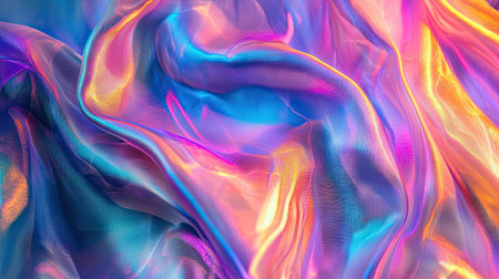 Abstract iridescent fabric collage, featuring vibrant holographic textures for backdrop use.の素材