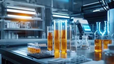 Chemical tube development and pharmacy research tools in a modern laboratory. Perfect for biochemistry and tech concepts.の素材