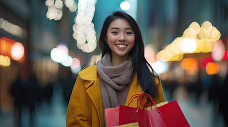 Asian woman with shopping bags, standing in a lively city setting with a big smile. Urban backdrop with room for text.の素材