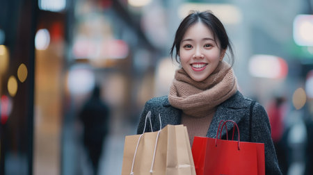 Asian woman in the city, holding shopping bags and smiling. Background with ample space for text or promotional use.の素材