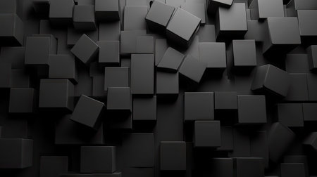 Black background featuring an abstract arrangement of 3D geometric blocks.の素材