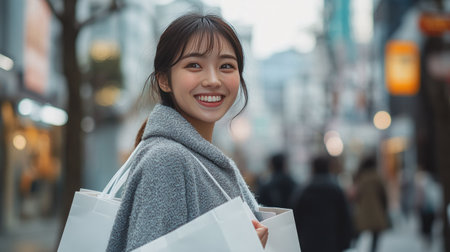 Asian woman with shopping bags, standing in a lively city setting with a big smile. Urban backdrop with room for text.の素材