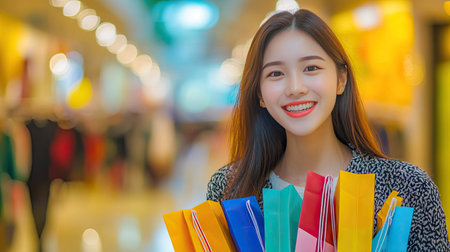 Cheerful Asian woman with a variety of colorful shopping bags, smiling in a shopping mall center with a yellow background.の素材