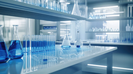 Clean laboratory with empty test tubes and chemical equipment arranged for scientific use.の素材