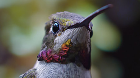 Close-up of a hummingbird beak and feathers as it feeds in the wild, highlighting Chile rich biodiversity.の素材