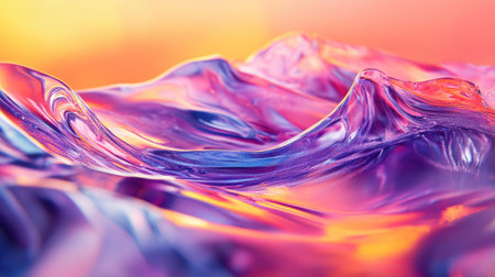 Bright glass and fluid wave textures in a colorful gradient 3D render.の素材