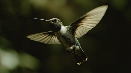 Close-up of a hummingbird in flight, focusing on its delicate wings and feathers in Chile natural environmentの素材