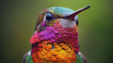 Close-up of a hummingbird beak and feathers as it feeds in the wild, highlighting Chile rich biodiversity.の素材