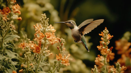 Close-up of a hummingbird beak and wings as it hovers near flowers, highlighting Chile natural beauty. -の素材