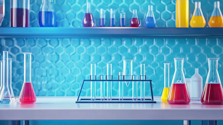 Clean science lab with empty test tubes and chemical laboratory tools on a countertop. Perfect for research contexts.の素材