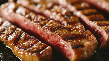 Close-up of a juicy seared steak with grill marks, highlighting the crispy, golden-brown exterior.の素材