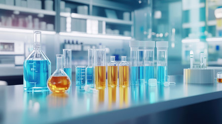 Chemical tubes and research tools in a modern lab setting. Emphasizing pharmacy and biochemistry technology. --の素材