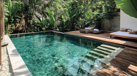 Crystal-clear pool with stairs and a polished wooden deck, ideal for relaxation.の素材