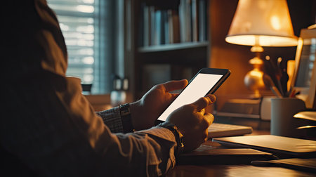 Close-up of a man hand with a blank screen phone, ready for ads, on a home office desk.の素材