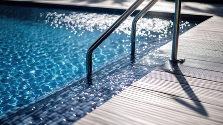 Close-up of a swimming pool with metal stairs and a stylish wooden deck.の素材