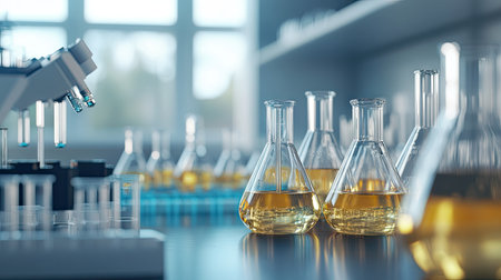 Close-up view of empty test tubes and chemical lab tools in a clean laboratory space. Perfect for scientific research.の素材