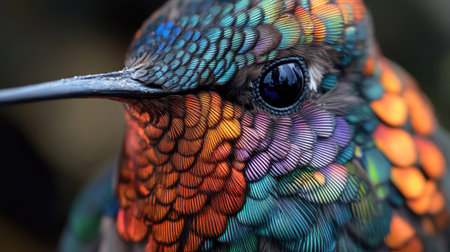 Detailed close-up of a hummingbird iridescent plumage as it feeds in the wilds of Chile.の素材
