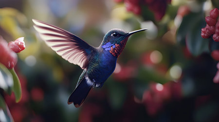 Detailed close-up of a hummingbird in mid-flight, focusing on its vibrant colors in Chile wild..の素材