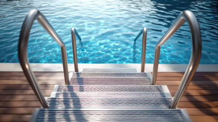 Close-up of metal stairs leading into a swimming pool with a wooden deck.の素材