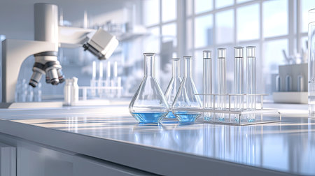 Empty science laboratory test tubes on a clean counter, surrounded by chemical laboratory equipment. Research setting.の素材