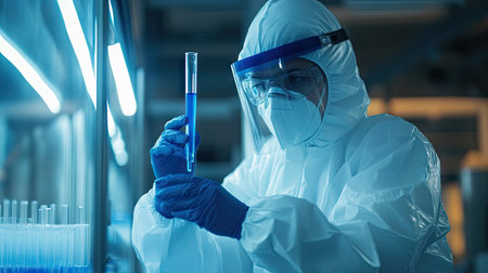 Epidemiological researcher in full virus protective clothing examining blue liquid in a test tube. COVID-19 testing process.の素材