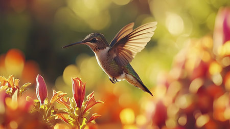 Extreme close-up of a hummingbird in the wild, hovering near vibrant flowers in the Chilean landscape. -の素材