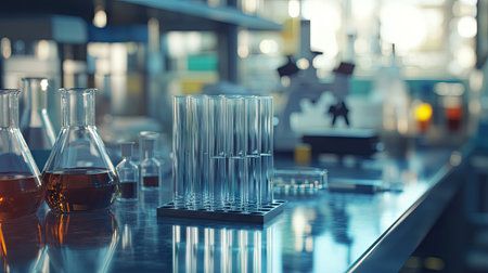 Empty test tubes on a laboratory bench with various chemical equipment. Perfect for research and experimentationの素材