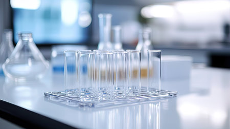 Empty test tubes and laboratory equipment on a sterile lab counter, ready for scientific research.の素材
