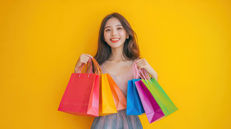 Excited Asian woman holding vibrant shopping bags in a mall center, against a bright yellow studio background.の素材