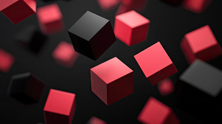Floating geometric blocks in 3D render on a black backdrop. Modern abstract illustration.の素材