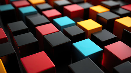 Geometric blocks in 3D render arranged on a black background. Modern abstract art. -の素材