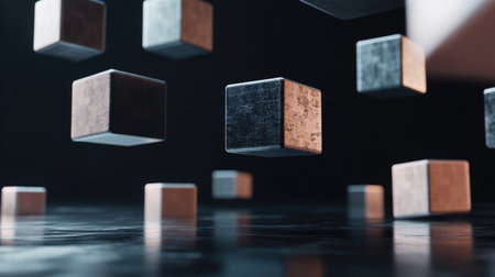Floating geometric blocks in 3D render on a black backdrop. Modern abstract illustration.の素材