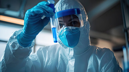 Full protective gear-wearing epidemiologist examining blue liquid in a test tube. Part of the COVID-19 research process.の素材
