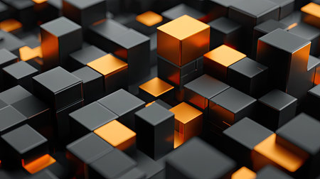 Geometric blocks in 3D render on a black backdrop. Abstract and modern illustration. --ar 16:9の素材