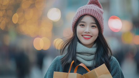 Happy Asian woman in the city, carrying shopping bags. Bright smile and background with copy space available.の素材