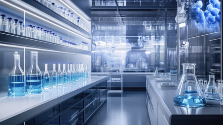 High-tech lab with chemical tubes and pharmaceutical equipment. Perfect for showcasing biochemistry research.の素材