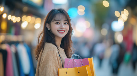Happy Asian woman with shopping bags outdoors in the city. Smiling face with a background perfect for consumerism visuals.の素材