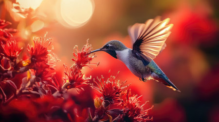Hummingbird feeding on bright red flowers in the wild, extreme close-up capturing every detail in Chile.の素材