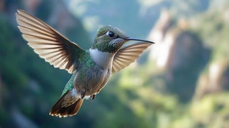 Hummingbird in the wild, caught mid-flight in an extreme close-up, against the backdrop of Chile natural beauty.の素材
