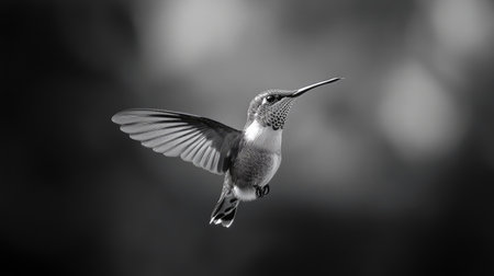 Hummingbird in flight, extreme close-up revealing its intricate feather patterns in the wild of Chile.の素材