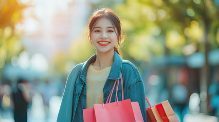 Happy young Asian woman standing outdoors with shopping bags, smiling broadly. Urban background with copy space.の素材