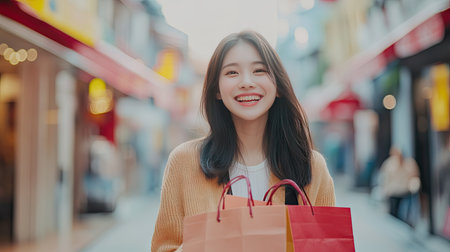 Joyful young Asian woman in city with shopping bags, smiling at the camera. Background with ample copy space. -の素材