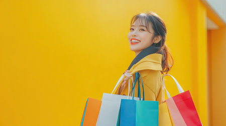 Joyful Asian woman with colorful shopping bags, smiling in a shopping mall center, with a bright yellow background.の素材