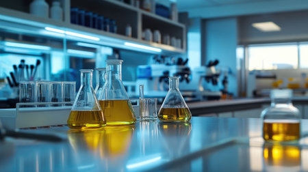 Laboratory equipment including chemical tubes and pharmaceutical instruments. Ideal for biochemistry research technology.の素材