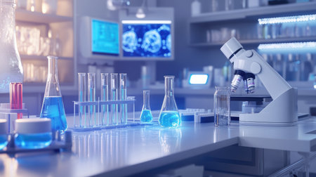 Laboratory setup featuring chemical tubes and biochemistry tools. Ideal for research technology and pharmaceutical visuals.の素材